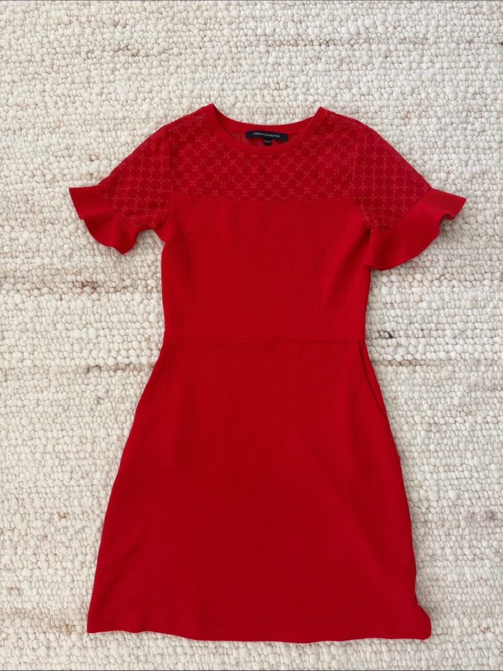 French Connection red short-sleeve mini dress textured sheer yoke ruffled sleeve - Picture 1 of 7